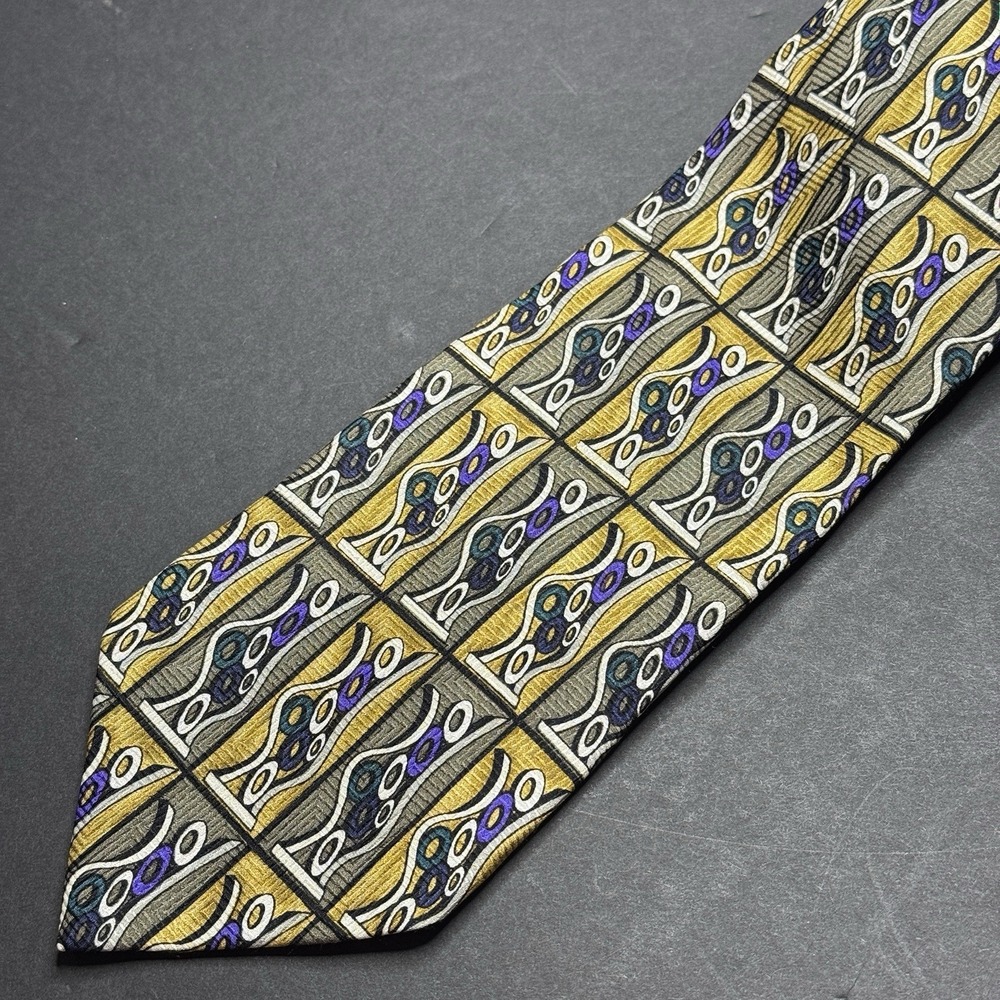 Zeidler & Zeidler Abstract Purple Gold 3D Circles & Squares Silk Tie Italy Lux